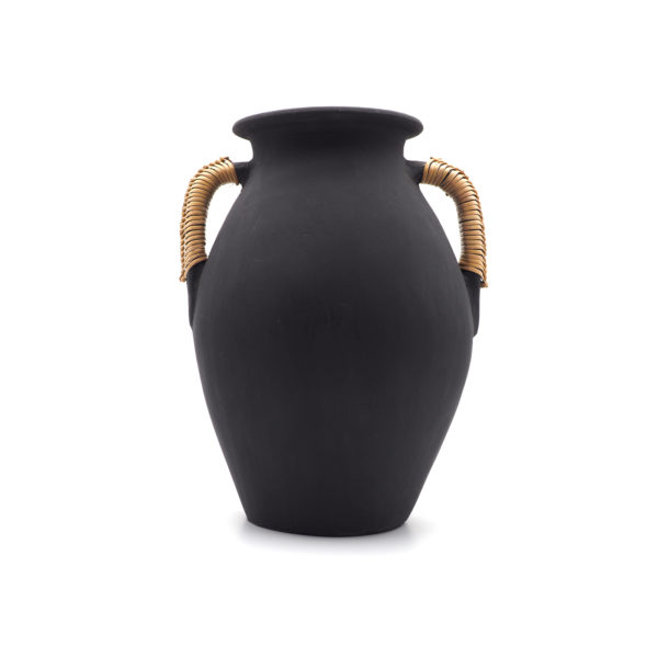 Vase en terre cuite et anses en rotin noir
