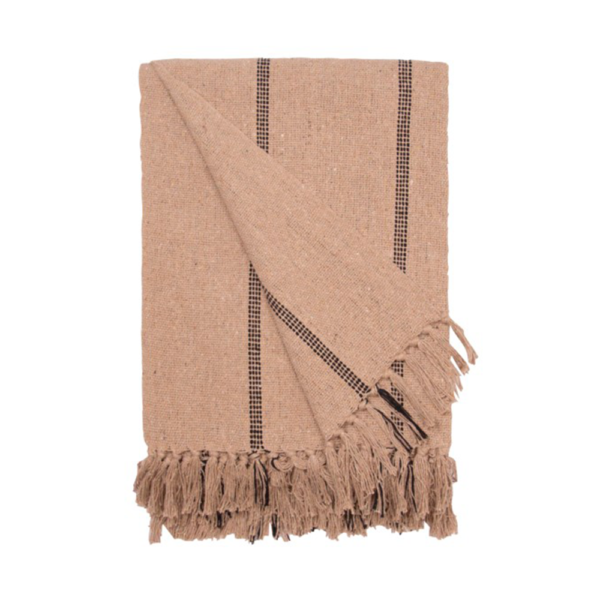 Plaid en coton 130x180 cm - Rayures Beige & Noir