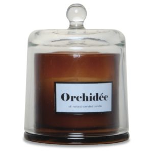 Bougie ambrée sous cloche parfum orchidée