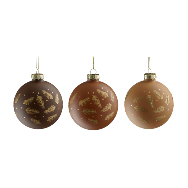 Boule de Noel en verre beige caramel marron décor feuilles dorées