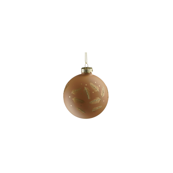 Boule de noel en verre beige décor feuilles dorées