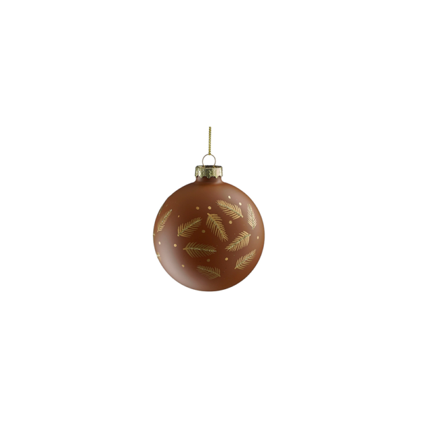 Boule de noel en verre caramel décor feuilles dorées