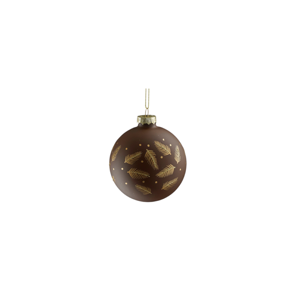 Boule de noel en verre marron feuilles dorées