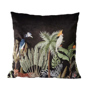 Coussin en velours noir imprimé tropical animal cacatoes_1