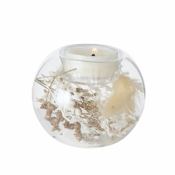 Bougeoir boule en verre avec fleurs séchées à l'intérieur