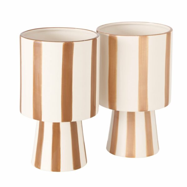 Pot de fleurs en céramique blanc rayé marron et beige