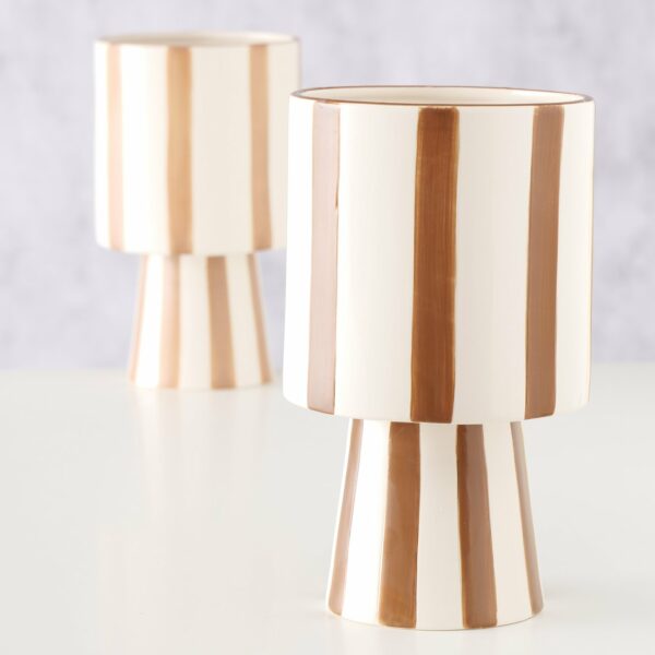 Pot de fleurs en céramique blanc rayures marron beige