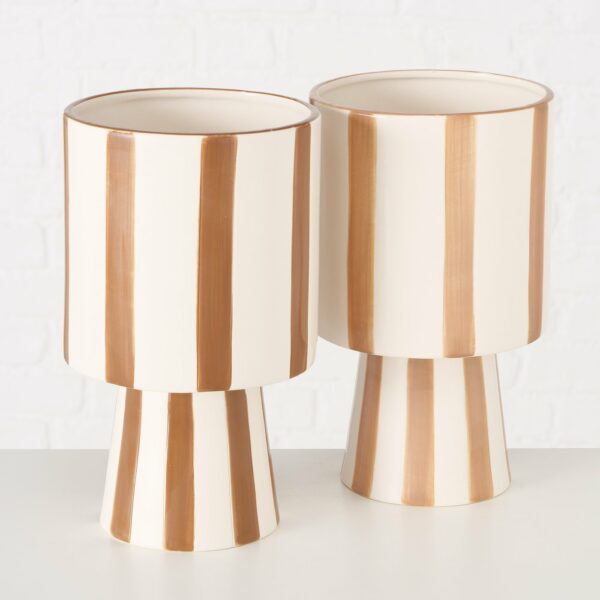 Pot de fleurs en céramique blanc rayé marron et beige