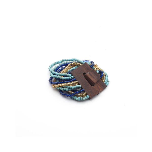Bracelet en perles et fermoir en bois bleu turquoise doré