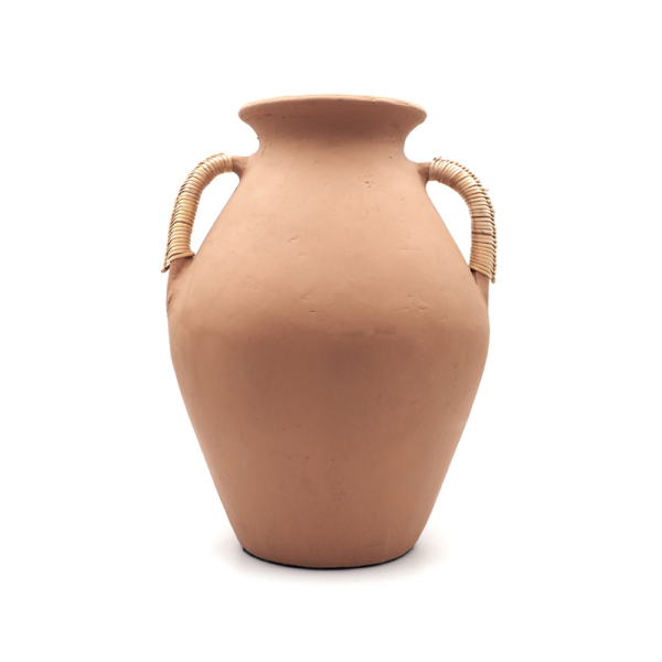 Vase amphore en terre cuite terracotta et anses en rotin
