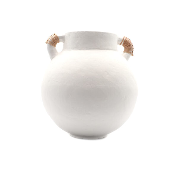 Vase boule en terre cuite anses en rotin blanc mat