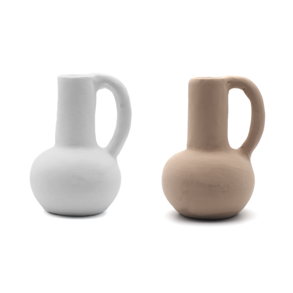 Petits pichets vases en terre cuite à anse blanc et taupe mat