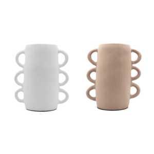 Vases en terre cuite tripe anses blanc et taupe mat