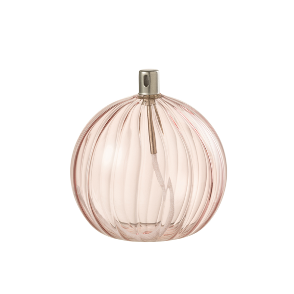 Lampe à huile en verre strié rose boule grand modèle