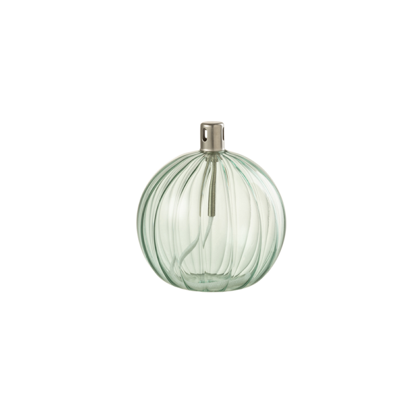 Lampe à huile en verre strié vert d'eau boule petit modèle