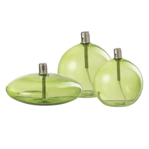 Lampe à huile en verre vert clair boules et galet