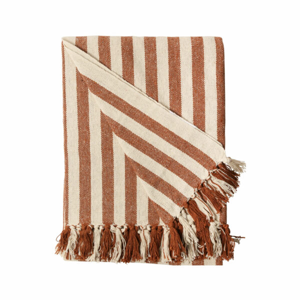 plaid en coton 130x180 cm ecru rayé marron
