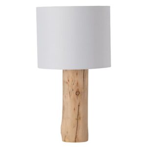 lampe à poser en bois brut et abat jour en coton blanc