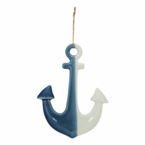 decoration a suspendre ancre marine en ceramique emaille bleu et blanc