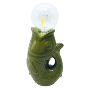 lampe a piles poisson en ceramique vert kaki