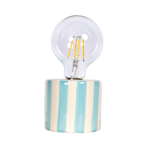 lampe en ceramique a poser a piles blanc raye bleu ciel