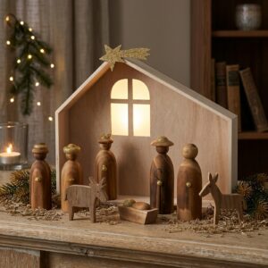 creche de noel maison santons sujets en bois paillettes dorees 1